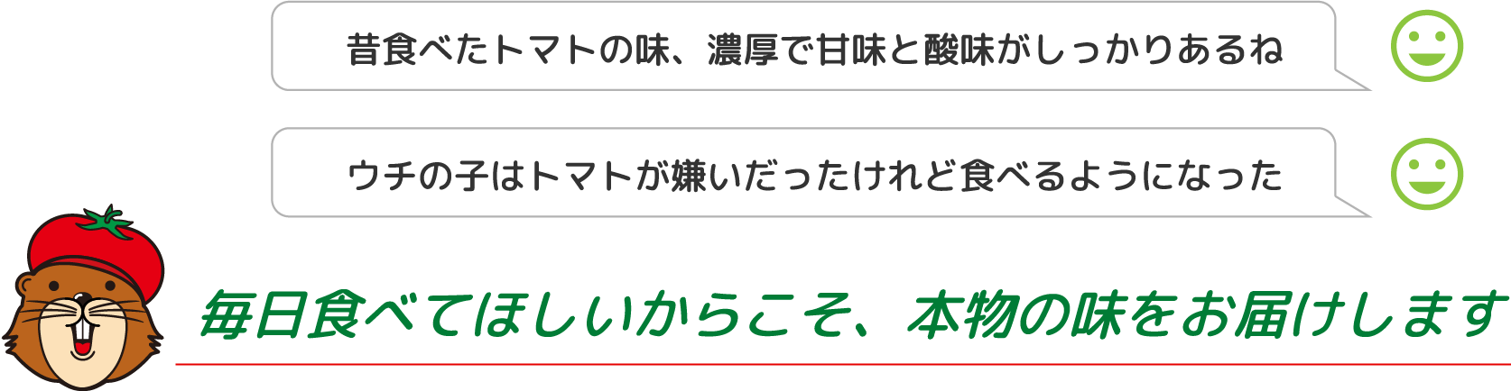 昔食べたトマトの味、濃厚で甘味と酸味がしっかりあるね。ウチの子はトマトが嫌いだったけれど食べるようになった。毎日食べてほしいからこそ、本物の味をお届けします